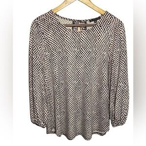Adrianna Papell black white and pink geometric pattern long sleeve blouse M